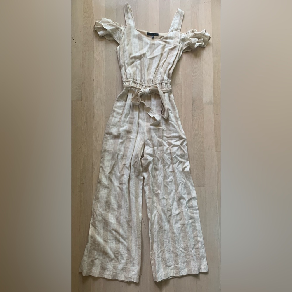 Tan and White Cream Striped Off the Shoulder Jumpsuit